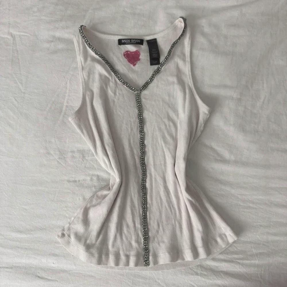 Bisou Bisou Y2K Ribbed Jeweled Tank with Hot Pink Heart on Back